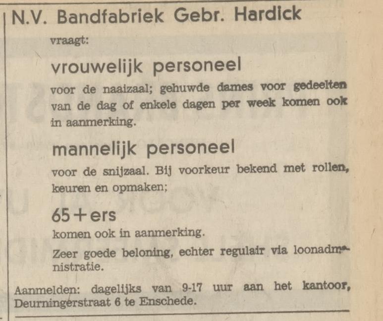 Deurningerstraat 6 Bandfabriek Gebr. Hardick advertentie Tubantia 8-9-1971.jpg