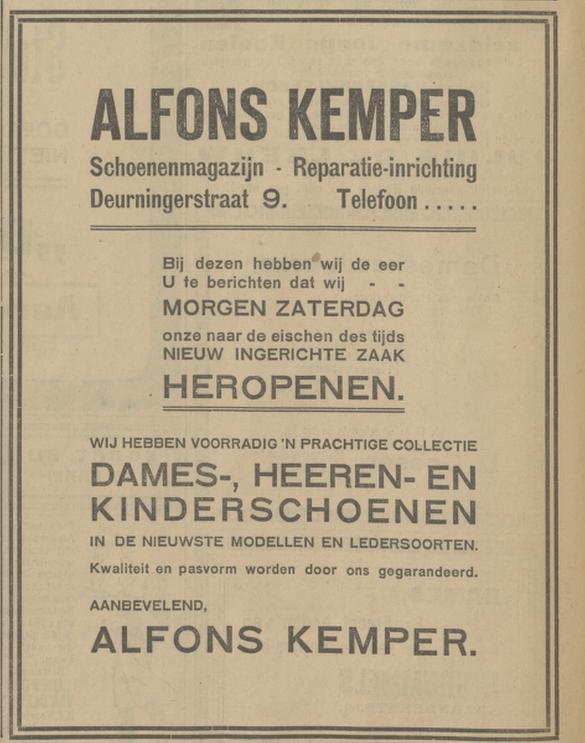 Deurningerstraat 9 heropening schoenenzaak Alfons Kemper advertentie Tubantia 1-7-1927.jpg