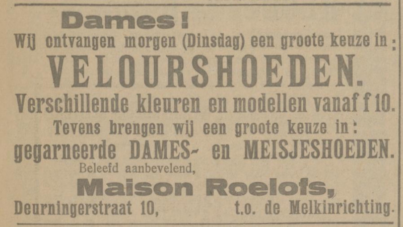 Deurningerstraat 10 Maison Roelofs dameshoeden advertentie Tubantia 17-10-1921.jpg