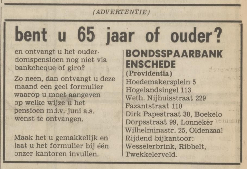 Wethouder Nijhuisstraat 229 Bondsspaarbank Enschede Providentia advertentie Tubantia 17-3-1970.jpg