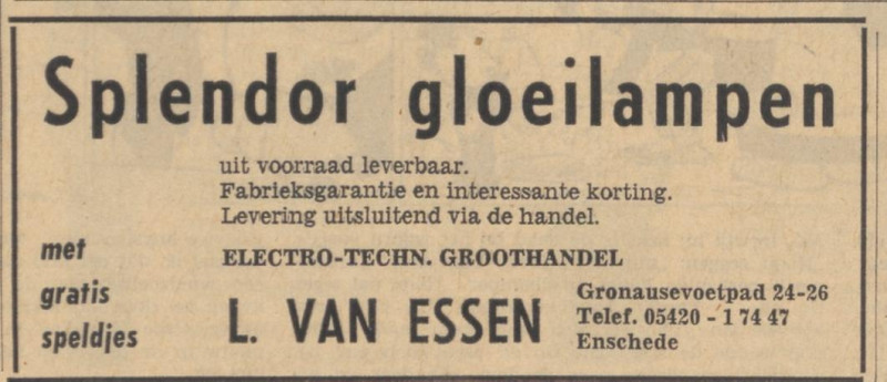 Gronausevoetpad 24-26 L. van Essen Elektro Technische Groothandel advertentie Tubantia 28-6-1965.jpg