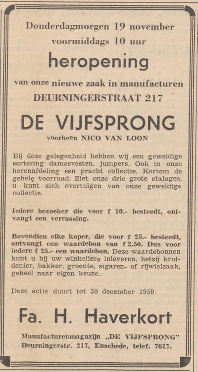 Deurningerstraat 217 manufacturenmagazijn De Vijfsprong Fa. H- Haverkort voorheen Nico van Loon advertentie Tubantia 17-11-1959.jpg