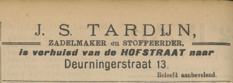 Deurningerstraat 13 zadelmaker en stoffeerder  J.S. Tardijn advertentie Tubantia 11-5-1909.jpg