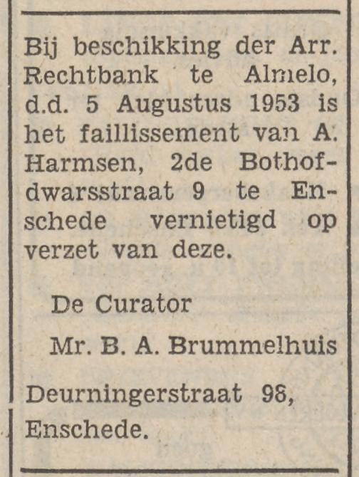 Tweede Bothofdwarsstraat 9 cafe A. Harmsen advertentie Tubantia 28-8-1953..jpg