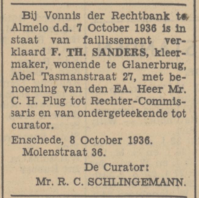 Abel Tasmanstraat 27 Glanerbrug F.Th. Sanders kleermaker advertentie Tubantia 8-10-1936.jpg