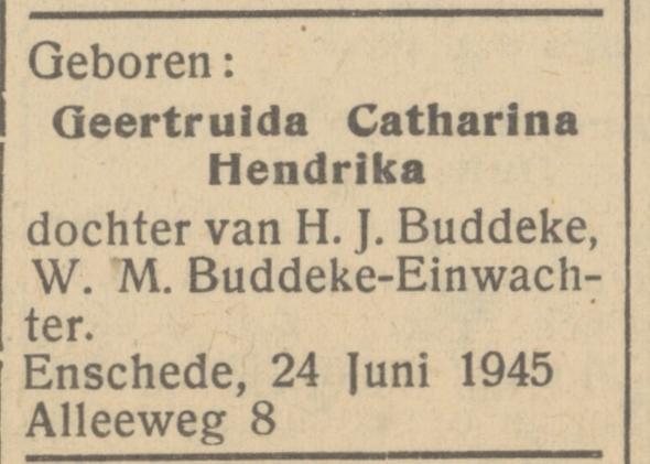 Alleeweg 8 W.M. Buddeke-Einwachter advertentie Het Parool 26-6-1945.jpg