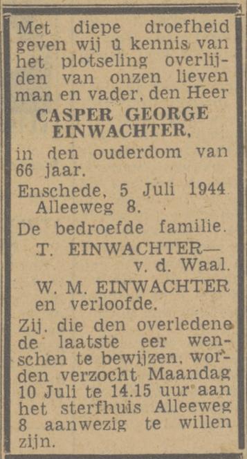 Alleeweg 8 C.G. Einwachter overlijdensadvertentie Tubantia 6-7-1944.jpg