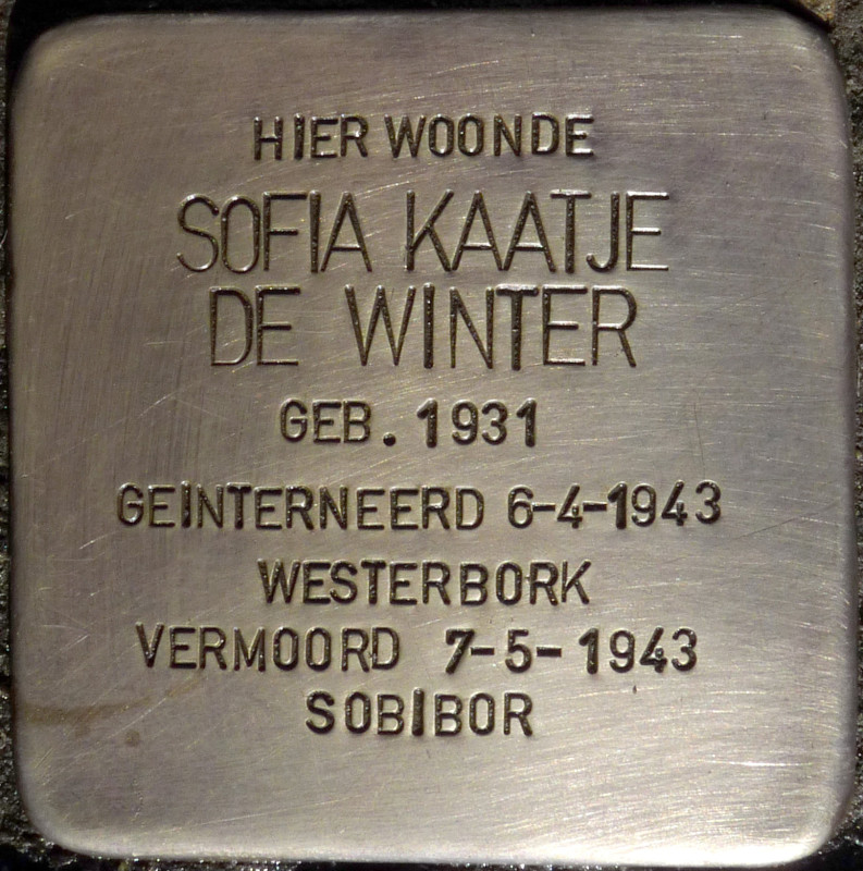Mooienhof vroeger Alsteedsestraat 23 De struikelsteen ter nagedachtenis aan Fietje de Winter achter het voormalige V&D pand. Daar liep vroeger de Alsteedsestraat waar de familie De Winter woonde. 2022.jpg
