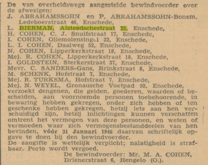 Alsteedschestraat 25 L. Bierman advertentie Twentsche Courant 19-12-1945.jpg