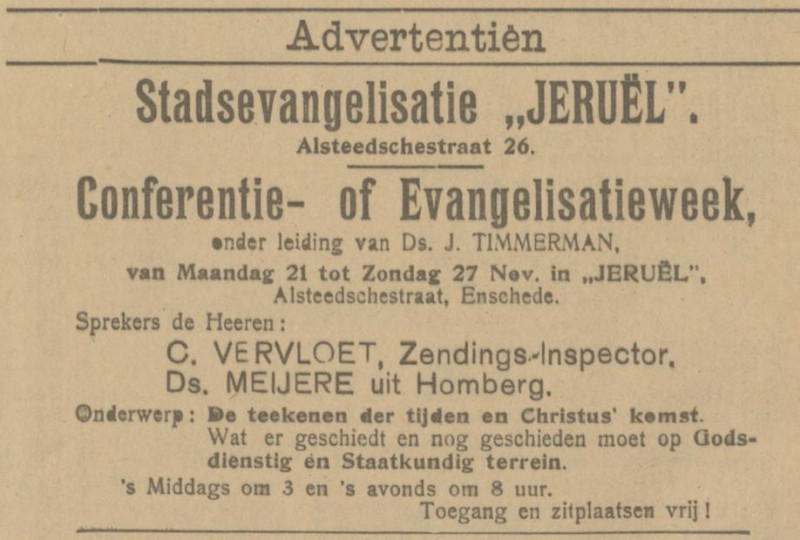 Alsteedsestraat 26 stadsevangelisatie Jeruel advertentie Tubantia 18-11-1921.jpg