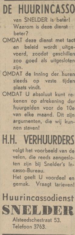 Alsteedsestraat 53 Huurincassodienst Snelder advertentie Tubantia 24-1-1942.jpg