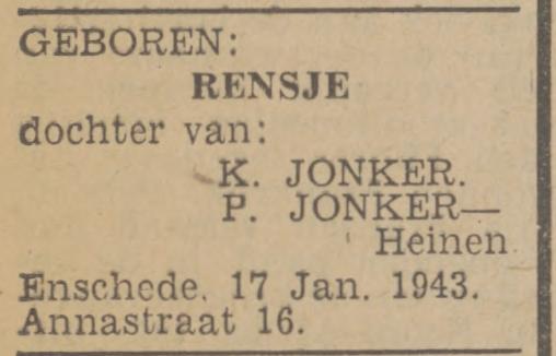 Annastraat 16 P. Jonker-Heinen advertentie Twentsch nieuwsblad 19-1-1943.jpg