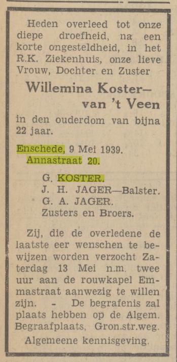 Annastraat 20 G. Koster advertentie Tubantia 10-5-1939.jpg
