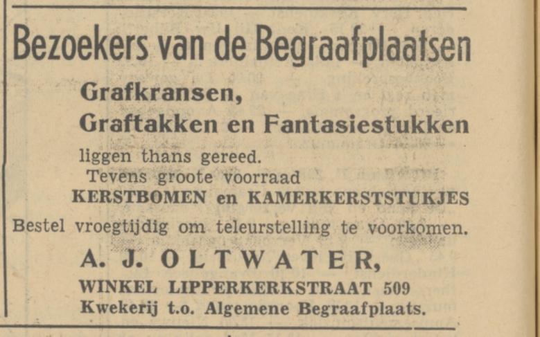 Lipperkerkstraat 509 bloemenwinkel A.J. Oltwater advertentie Tubantia 16-12-1950.jpg