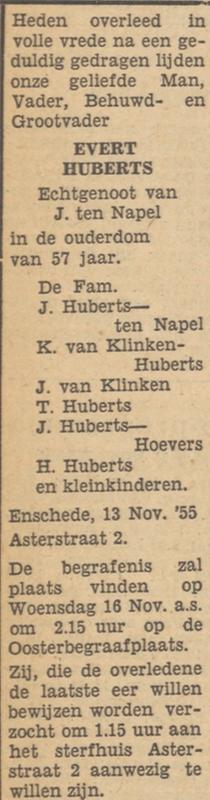 Asterstraat 2 Evert Huberts overlijdensadvertentie Tubantia 14-11-1955.jpg