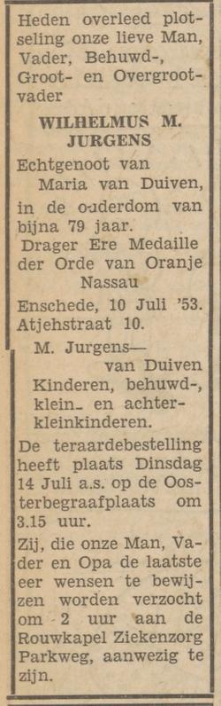Atjehstraat 10 W.M. Jurgens overlijdensadvertentie Tubantia 11-7-1953.jpg