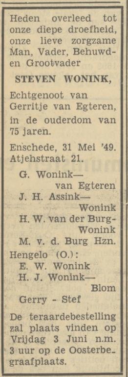 Atjehstraat 21 St. Wonink pverlijdensadvertentie Tubantia 31-5-1949.jpg