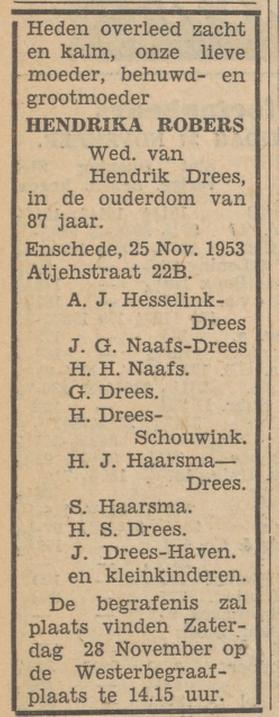 Atjehstraat 22b H. Drees-Robers overlijdensadvertentie Tubantia 27-11-1953.jpg