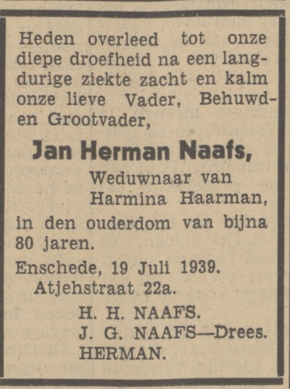 Atjehstraat 22a J.H. Naafs overlijdensadvertentie Tubantia 20-7-1939.jpg