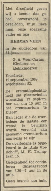 Atjehstraat 53 H, Veen overlijdensadvertentie Tubantia 15-9-1969.jpg