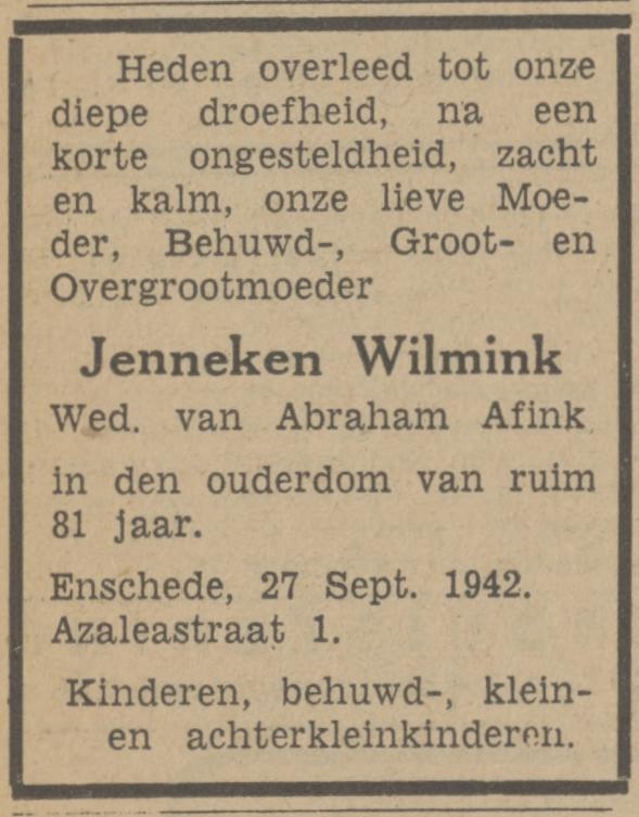 Azaleastraat 1 J. Afink-Wilmink overlijdensadvertentie Tubantia 25-5-1942.jpg