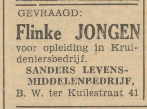 B.W. ter Kuilestraat 41 Sanders Levensmiddelenbedrijf advertentie Tubantia 12-9-1950.jpg