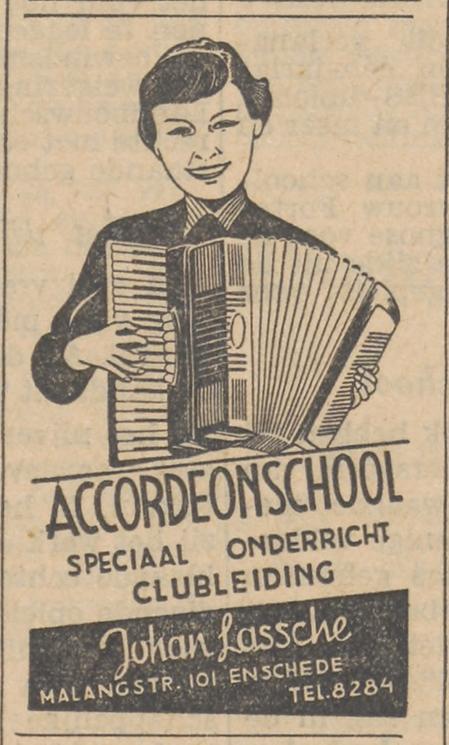 Malangstraat 101 Accordeonschool Johan Lassche advertentie Tubantia 9-12-1953.jpg