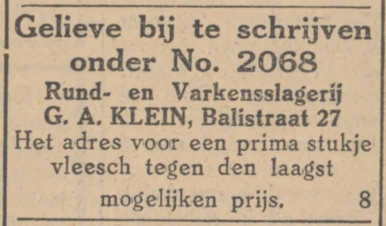 Balistraat 27 Rund- en Varkensslagerij G.A. Klein advertentie Tubantia 5-3-1930.jpg