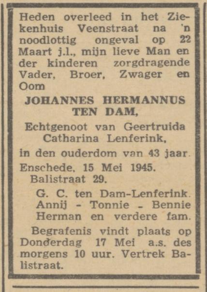 Balistraat 29 J.H. ten Dam overlijdensadvertentie Trouw 17-5-1945.jpg