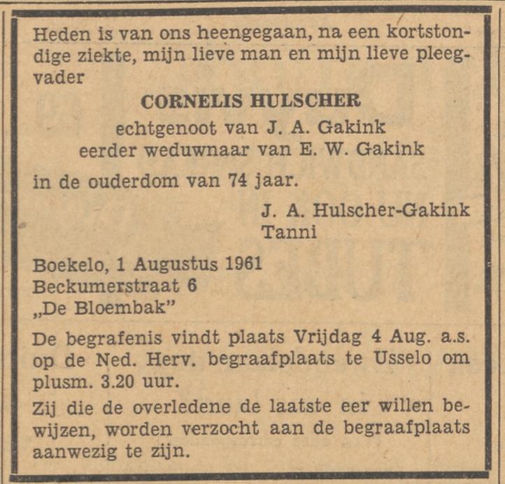 Beckumerstraat 6 C. Hulscher overlijdensadvertentie Tubantia 2-8-1961.jpg
