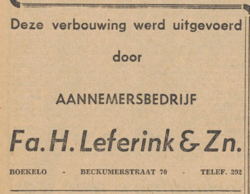 Beckumerstraat 70 Fa. H. Leferink en Zn Aannemersbedrijf advertentie Tubantia 21-11-1961.jpg