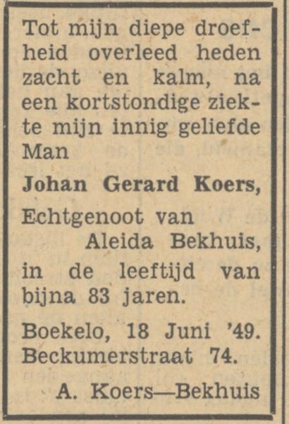 Beckumerstraat 74 Johan G. Koers overlidensadvertentie Tubantia 20-6-1949.jpg