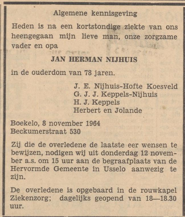 Beckumerstraat 530 J.H. Nijhuis overlijdensadvertentie Tubantia 10-11-1964.jpg