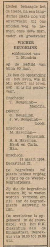 Beekstraat 23 Wicher Beugelink overlijdensadvertentie Tubantia 2-4-1964.jpg