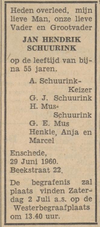 Beekstraat 22 J.H. Schuurink overlijdensadvertentie Tubantia 1-7-1960.jpg