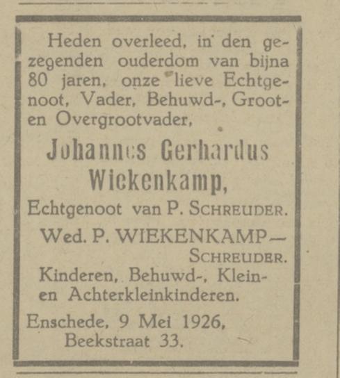 Beekstraat 33 wed. P. Wiekenkamp-Schreuder advertentie Tubantia 10-5-1926.jpg