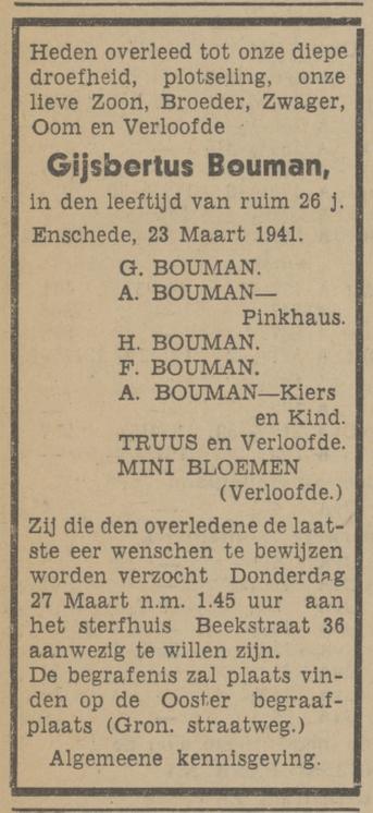 Beekstraat 36 G. Bouman overlijdensadvertentie Tubantia 24-3-1941.jpg