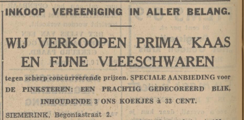 Begoniastraat 2 G.Siemerink kaas en fijne vleeswaren advertentie Tubantia 29-5-1936.jpg
