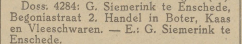 Begoniastraat 2 G. Siemerink handel in boter kaas en vleeswaren krantenbericht Tubantia 22-11-1924.jpg