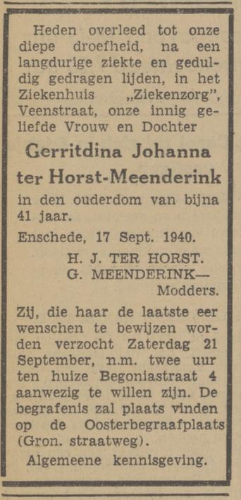 Begoniastraat 4 H.J. ter Horst en G. Meenderink-Modders advertentie 18-9-1940.jpg