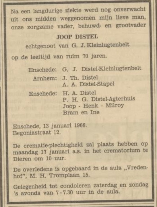 Begoniastraat 12 Joop Distel overlijdensadvertentie Tubantia 14-1-1966.jpg