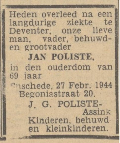 Begoniastraat 20 Jan Poliste overlijdensadvertentie Twentsch nieuwsblad 29-2-1944.jpg