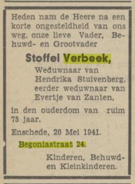 Begoniastraat 24 Stoffel Verbeek overlijdensadvertentie Tubantia 20-5-1941.jpg