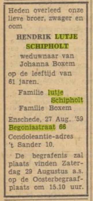 Begoniastraat 66 Hendrik Lutje Schipholt overlijdensadvertantie Tubantia 27-8-1959.jpg