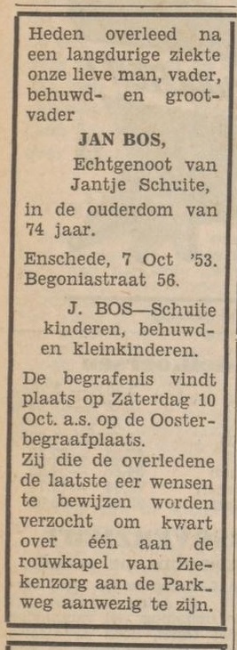 Begoniastraat 56 Jan Bos overlijdensadvertentie Tubantia 8-10-1953.jpg
