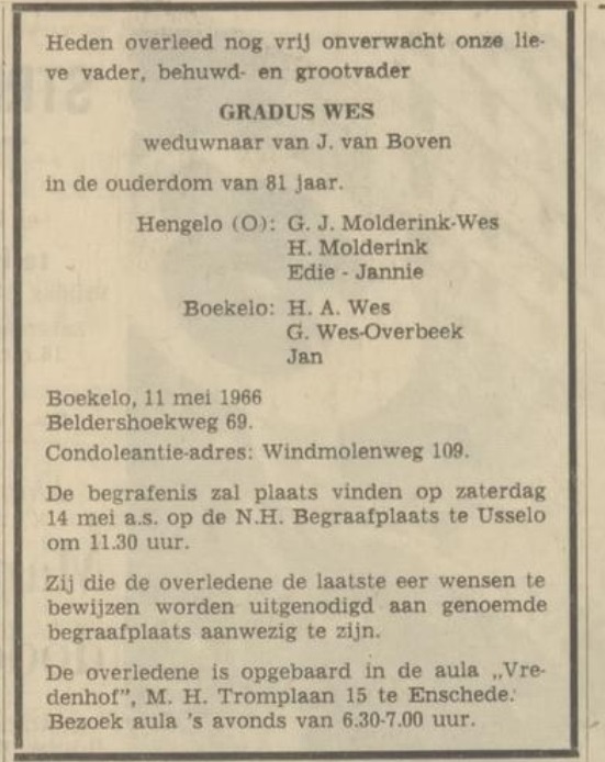 Beldershoekweg 69 Gradus Wes overlijdensadvertentie Tubantia 12-5-1966.jpg