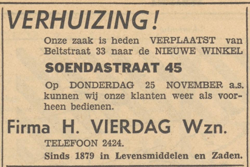 Beltstraat 33 Firma H. Vierdag Wzn. advertentie Tubantia 23-11-1954.jpg