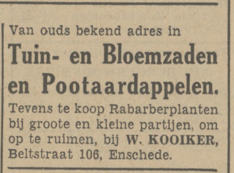 Beltstraat 106 W. Kooiker advertentie Tubantia 12-4-1941.jpg