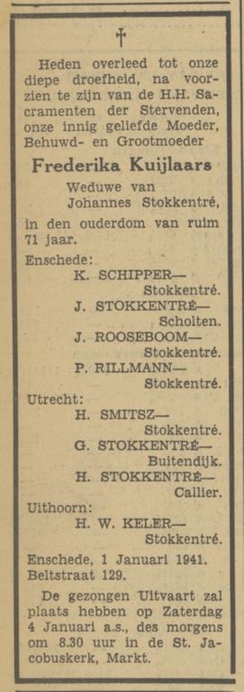 Beltstraat 129 Wed. F. Stokkentre-Kuijlaars overlijdensadvertentie Tubantia 3-1-194.jpg