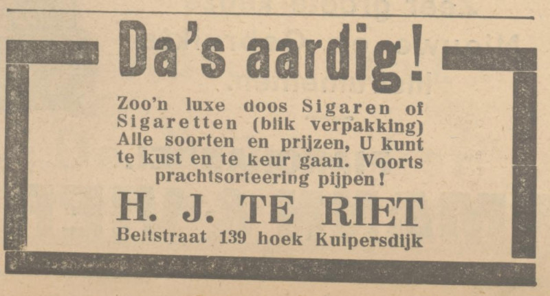 Beltstraat 139 hoek Kuipersdijk sigarenwinkel H.J. te Riet advertentie Tubantia 26-11-1932.jpg